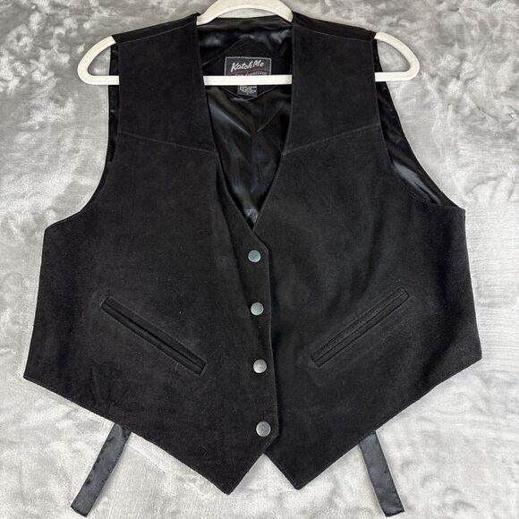 Vintage Katch Me SF Suede Leather‎ Vest Men's L Black Snap Front Pockets (1166) - Picture 1 of 9